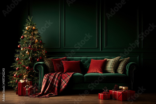 Traditional living room with red and green Christmas tree, plaid blankets, and festive pillows, interior Christmas decor, classic red and green theme