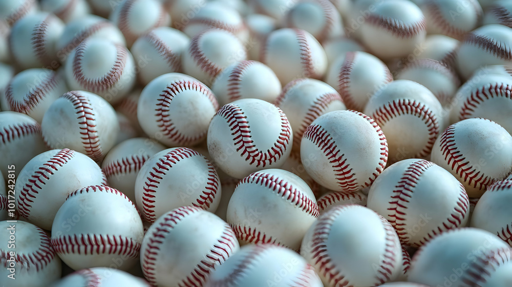A close-up view of numerous baseballs stacked together. A close-up view of numerous baseballs stacked together.