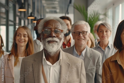 Group of diverse senior business people standing in a row in a modern office