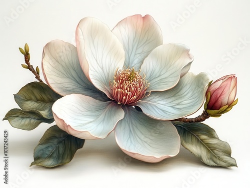 magnolia flower intricately illustrated and isolated on a white background, showcasing delicate petals and soft colors, evoking a sense of peace and natural beauty in botanical art