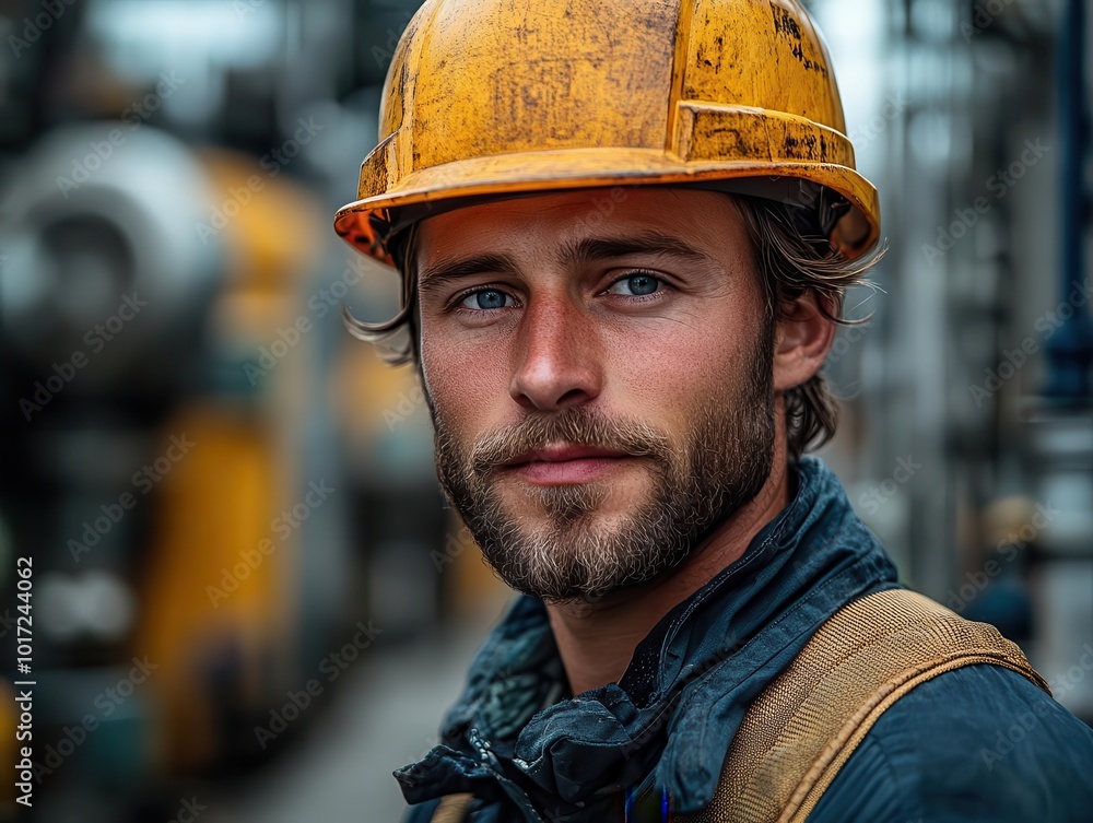 male factory worker in a hard hat and safety gear, confidently posing for the camera in an industrial setting, showcasing dedication and pride in his work environment amidst machinery and tools male factory worker in a hard hat and safety gear, confidently posing for the camera in an industrial setting, showcasing dedication and pride in his work environment amidst machinery and tools