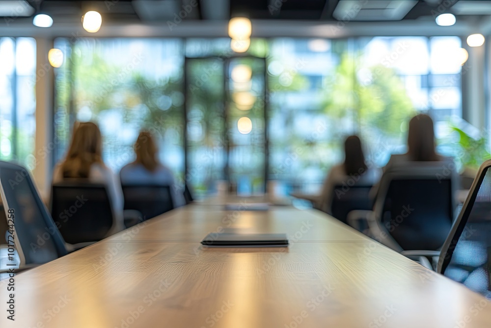 Empty meeting table in a bright office. This image shows a conference room with blurred people, a perfect background for business presentations. Empty meeting table in a bright office. This image shows a conference room with blurred people, a perfect background for business presentations.