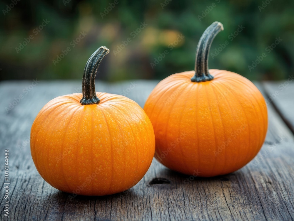 Autumn harvest decor with orange pumpkins on wooden surface Autumn harvest decor with orange pumpkins on wooden surface
