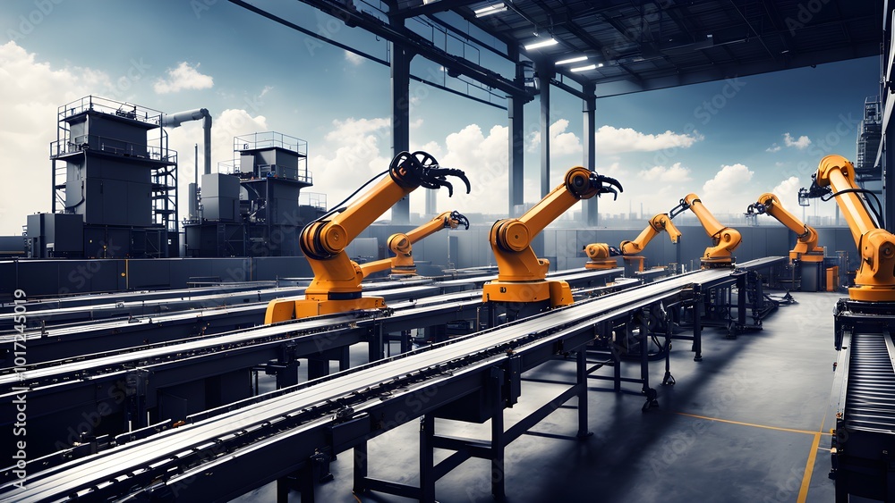 Naklejka premium A row of robotic arms on a conveyor belt in a factory setting, with a blue sky and clouds in the background.