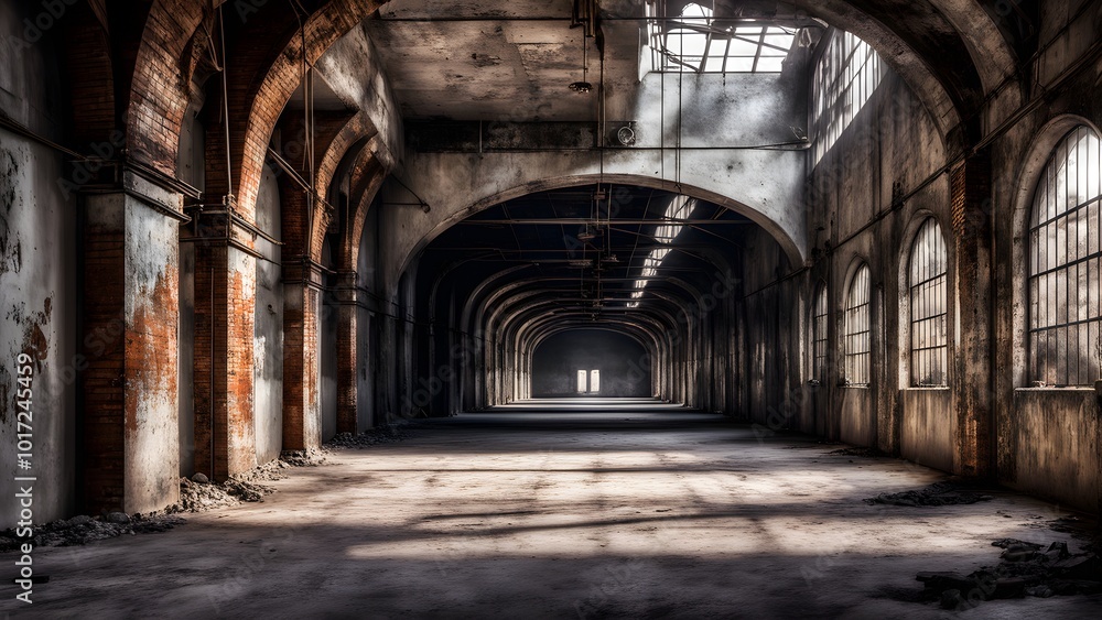 A long, dark corridor inside an abandoned factory with arched ceilings and sunlight streaming in from the end. A long, dark corridor inside an abandoned factory with arched ceilings and sunlight streaming in from the end.