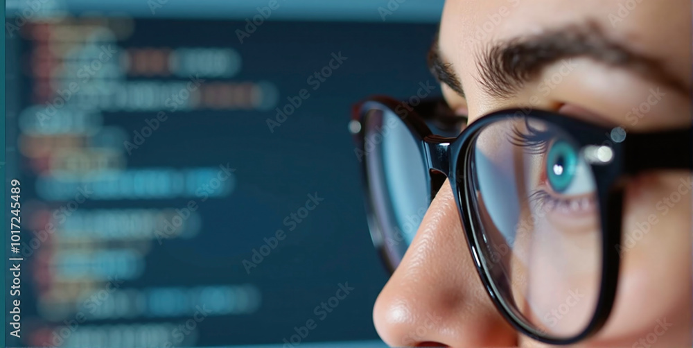 Data specialist or data analyst observes and analyzes lines of code on the screen. Hacker attacks, error correction and digital process analysis Data specialist or data analyst observes and analyzes lines of code on the screen. Hacker attacks, error correction and digital process analysis