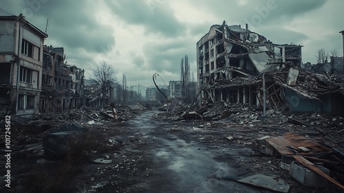 A desolate urban landscape with destroyed buildings and debris under a cloudy sky.