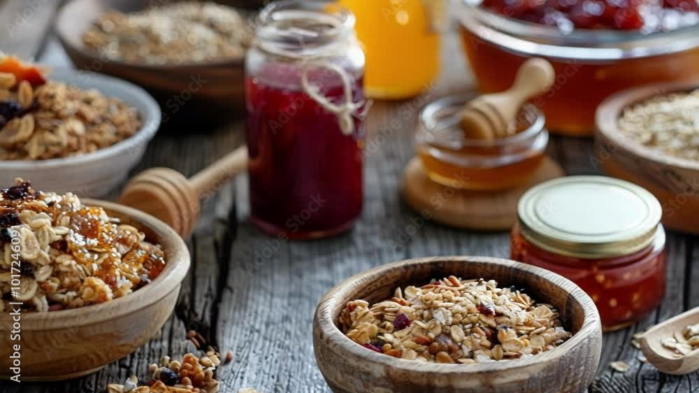 Wooden bowls filled with granola, honey, and fruit preserves on rustic table, one with dried fruit and nuts Wooden bowls filled with granola, honey, and fruit preserves on rustic table, one with dried fruit and nuts
