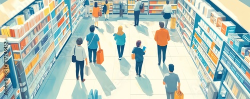 Illustration of shoppers in a stationery store, navigating through aisles filled with school supplies and office essentials, emphasizing a wellstocked and organized space photo