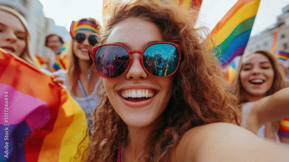 Cheerful selfie of a group of LGBTQIA people in a pride parade, looking at camera smiling holding rainbow flags. Concept of Supporting the Homosexual Cheerful selfie of a group of LGBTQIA people in a pride parade, looking at camera smiling holding rainbow flags. Concept of Supporting the Homosexual