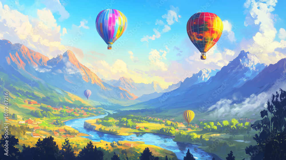Fototapeta premium Hot Air Balloons Soaring Over Majestic Mountain Valley