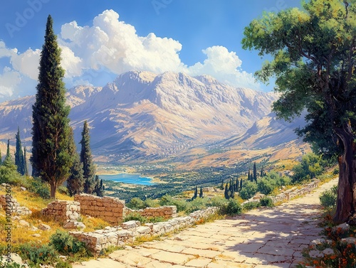 photorealistic depiction of jordan's mount nebo, showcasing its breathtaking landscapes. the majestic view emphasizes the natural beauty and significance of this historical site photo