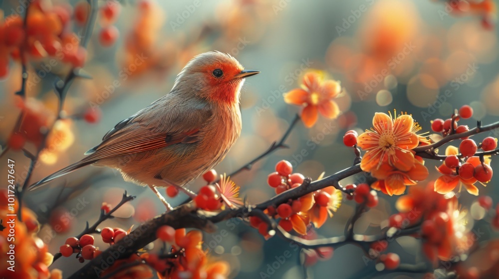 A colorful bird sits gracefully amid vivid red-orange blossoms on a branch, creating a stunning contrast of warm hues and enchanting natural beauty in the scene. A colorful bird sits gracefully amid vivid red-orange blossoms on a branch, creating a stunning contrast of warm hues and enchanting natural beauty in the scene.