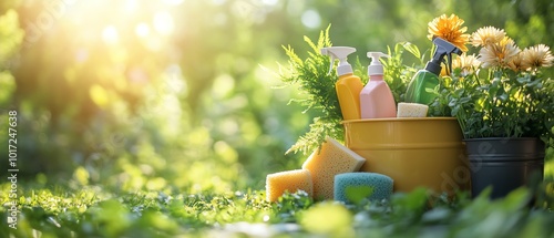 Highquality image of a bucket with various cleaning products, including spray bottles and sponges, positioned in a sunny, green setting, vivid and detailed photo