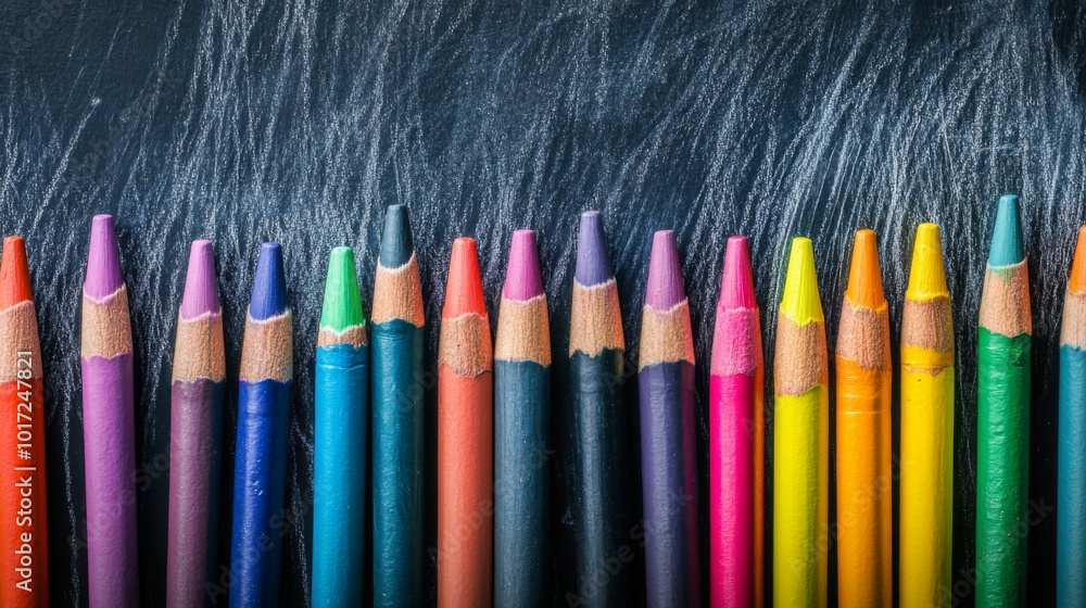 A vibrant collection of sharpened colored pencils neatly lined against a dark, textured background, showcasing an array of hues in a pleasing arrangement. A vibrant collection of sharpened colored pencils neatly lined against a dark, textured background, showcasing an array of hues in a pleasing arrangement.