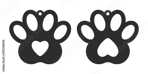 Dog paw with heart design for earrings, pendant or keychain. Jewelry laser and plotter cut template. Cnc cutting with metal, wood or leather. Vector silhouette