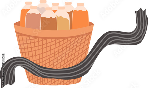 Traditional herbal medicine in a bamboo basket with a shawl