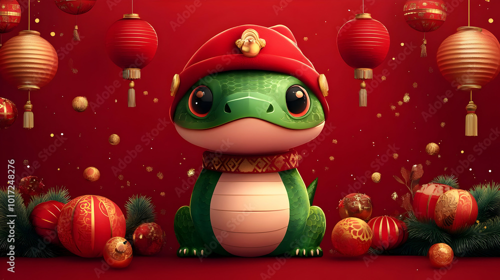 A cute green frog figurine in festive decor for celebration. A cute green frog figurine in festive decor for celebration.