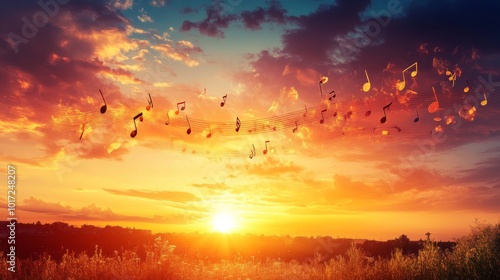 This image beautifully captures musical notes and scales gracefully floating across a vivid sunset, creating a surreal and harmonious blend of art and nature.