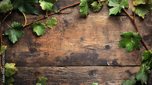 Wine card backdrop with vines on wood, space for text