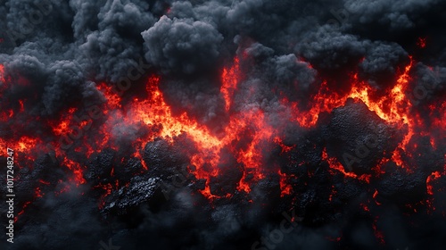 A dramatic scene depicting flowing lava surrounded by dark clouds, illustrating volcanic activity.