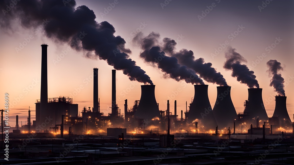 Silhouette of a large industrial plant with smokestacks emitting pollution against an orange sky at sunrise.