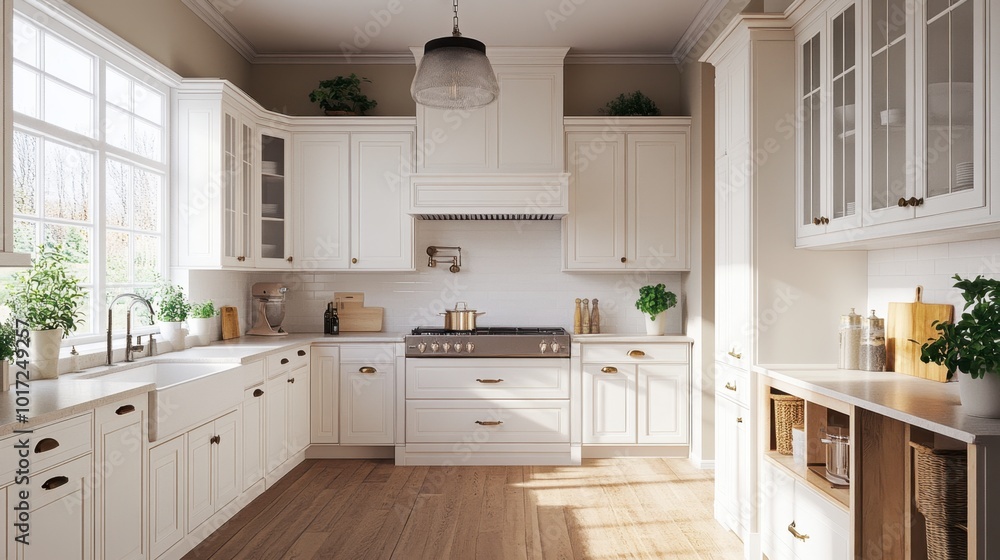 Fototapeta premium A bright kitchen with white cabinetry, light countertops, and plants bringing fresh life to the space.