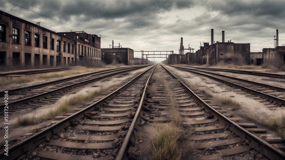 A pair of abandoned railroad tracks lead towards an abandoned factory under a stormy sky. A pair of abandoned railroad tracks lead towards an abandoned factory under a stormy sky.