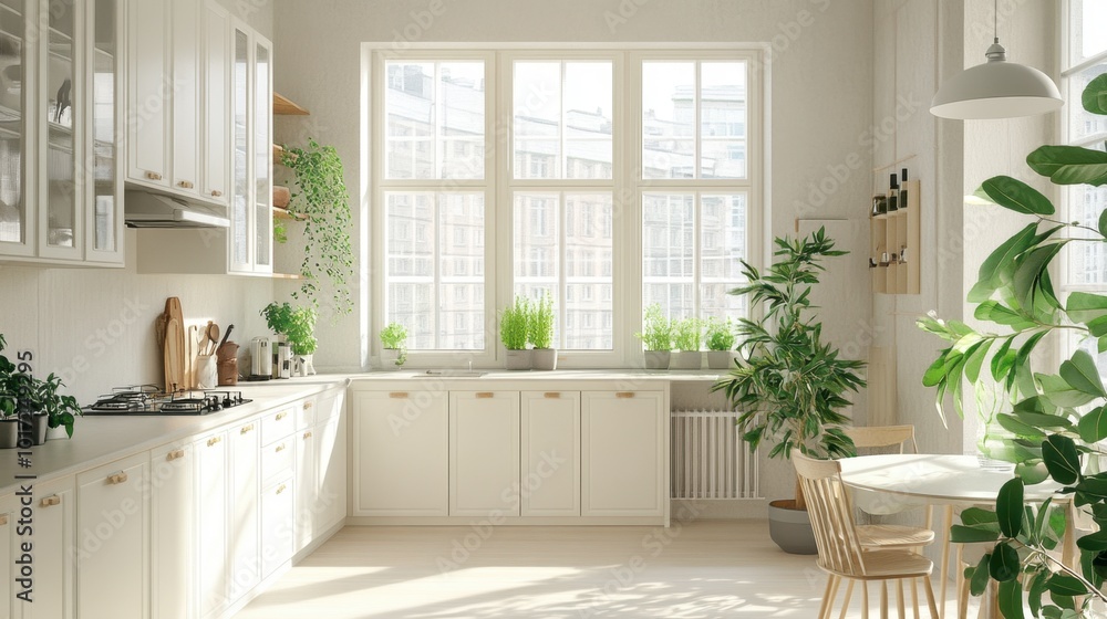 A bright kitchen with white cabinetry, light countertops, and plants bringing fresh life to the space. A bright kitchen with white cabinetry, light countertops, and plants bringing fresh life to the space.