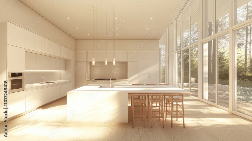 A bright, minimalist kitchen with an island, sleek cabinets, and an abundance of natural light. A bright, minimalist kitchen with an island, sleek cabinets, and an abundance of natural light.