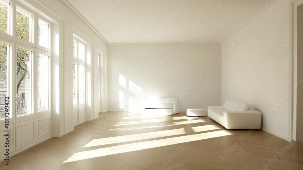 Fototapeta premium A bright, minimalist living room with a light ash parquet floor and modern furnishings.