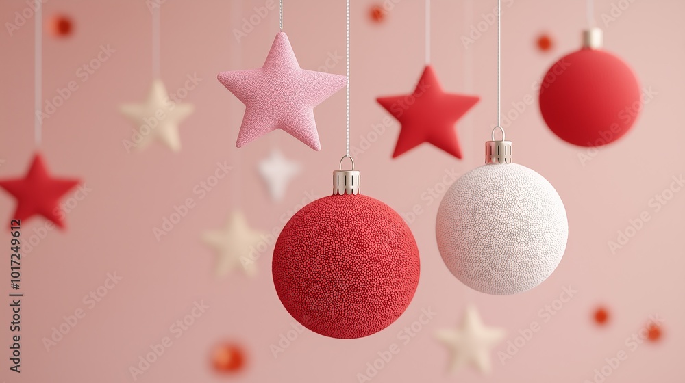 Red and White Christmas Ornaments with Stars on Pink Background