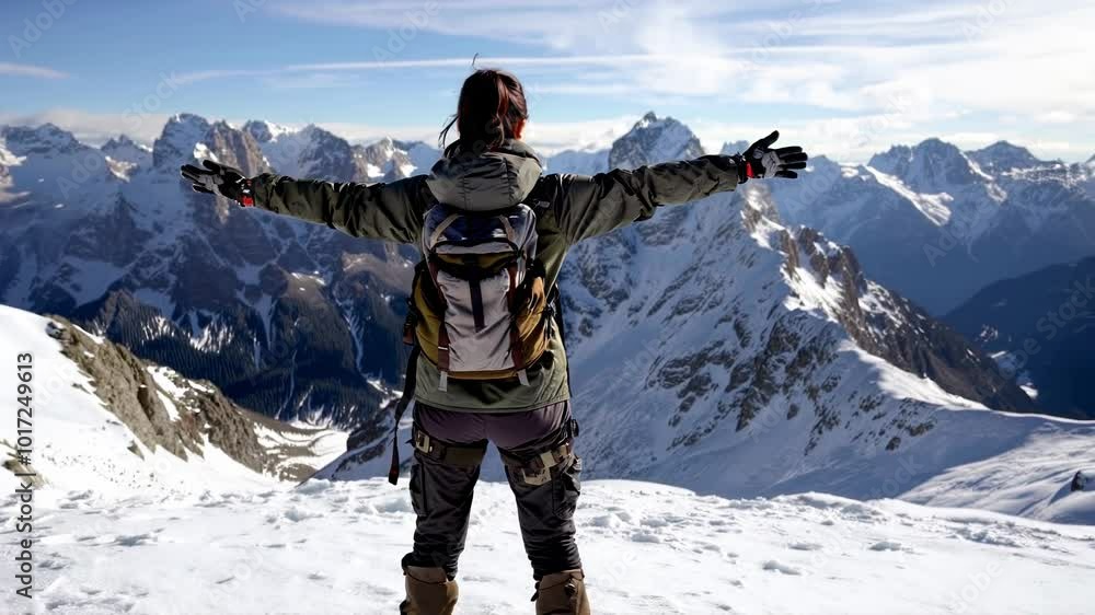 Woman on top of a snowy mountain with arms outstretched. Video. Horizontal. Woman on top of a snowy mountain with arms outstretched. Video. Horizontal.