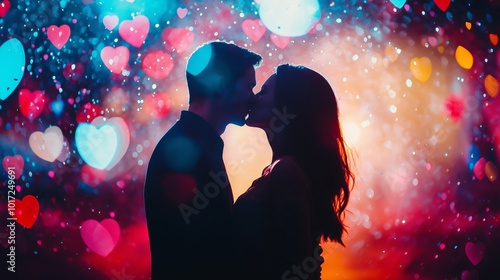 Couple kissing under falling heart confetti motion blur vibrant colors festive celebration. AI generated