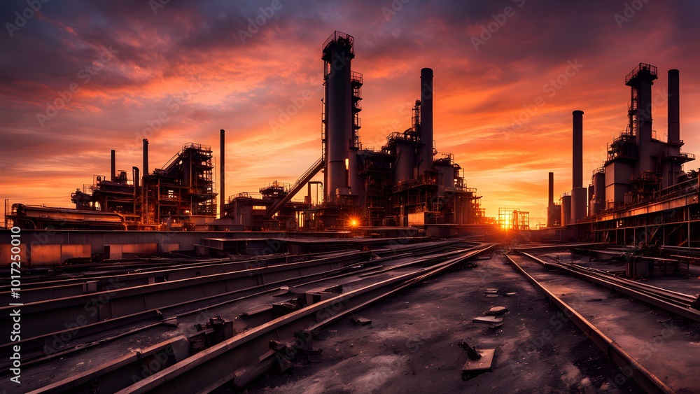 A silhouetted industrial factory at sunset, with multiple smokestacks and railroad tracks leading into the distance. A silhouetted industrial factory at sunset, with multiple smokestacks and railroad tracks leading into the distance.