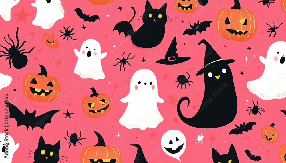 A vibrant pink Halloween pattern with playful ghosts, black cats, bats, spiders, witch hats, and jackolanterns for a fun and spooky look A vibrant pink Halloween pattern with playful ghosts, black cats, bats, spiders, witch hats, and jackolanterns for a fun and spooky look