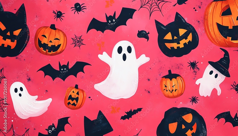 A vibrant pink Halloween pattern with playful ghosts, black cats, bats, spiders, witch hats, and jackolanterns for a fun and spooky look A vibrant pink Halloween pattern with playful ghosts, black cats, bats, spiders, witch hats, and jackolanterns for a fun and spooky look