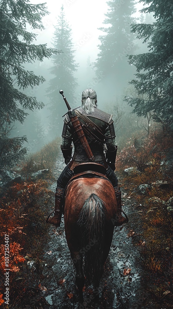 Naklejka premium Lone Swordsman on Horseback Riding Through Foggy Forest – Generative AI