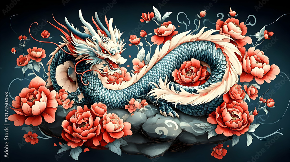 A detailed illustration of a dragon entwined with flowers. A detailed illustration of a dragon entwined with flowers.