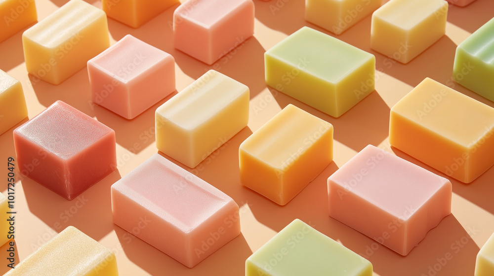 a digitally created high-quality photograph of smooth-edged, rectangular solid soaps arranged in a perfectly neat and orderly fashion on a soft light peach background a digitally created high-quality photograph of smooth-edged, rectangular solid soaps arranged in a perfectly neat and orderly fashion on a soft light peach background