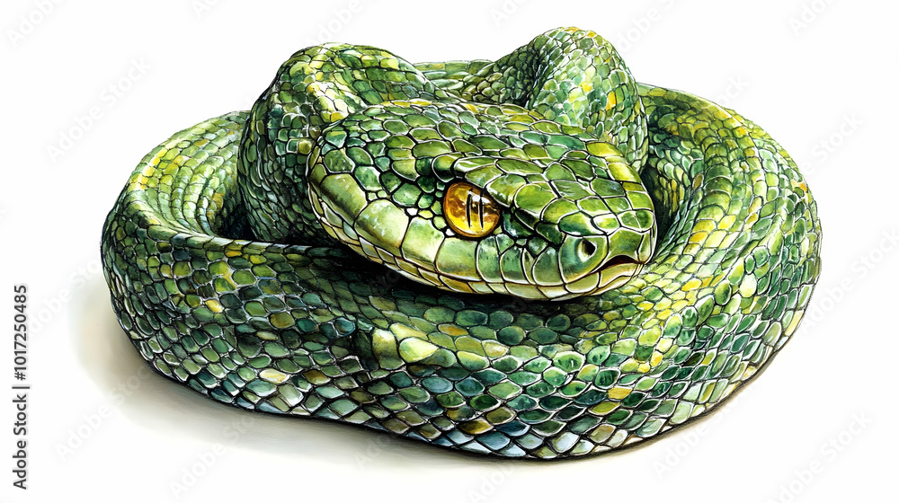 A detailed illustration of a green snake coiled artistically. A detailed illustration of a green snake coiled artistically.