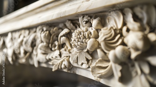 A close-up of the detailed carvings on an antique marble bench, showcasing craftsmanship and history.