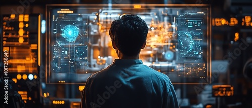 A holographic machine internals display captivates a factory worker, illustrating the advantages of predictive maintenance and generative AI photo