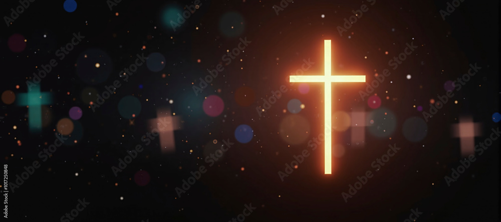 Silhouetted christian cross silhouette surrounded by glowing light leaks in warm colors Silhouetted christian cross silhouette surrounded by glowing light leaks in warm colors