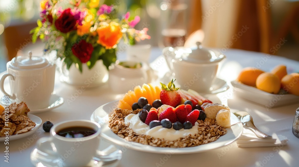 A vibrant and nutritious breakfast spread featuring fresh fruit, yogurt, granola, and coffee, styled on a table in soft natural light A vibrant and nutritious breakfast spread featuring fresh fruit, yogurt, granola, and coffee, styled on a table in soft natural light
