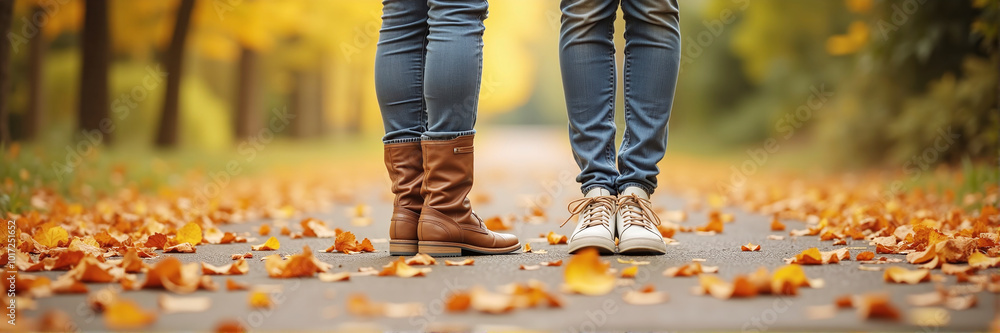 A couple walks comfortably along a hiking trail on an autumn day and enjoys the fall and the colorful leaves A couple walks comfortably along a hiking trail on an autumn day and enjoys the fall and the colorful leaves