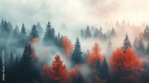 Fototapeta Naklejka Na Ścianę i Meble -  Misty forest landscape with vibrant autumn foliage, showcasing blend of evergreen and deciduous trees. scene evokes sense of tranquility and mystery.