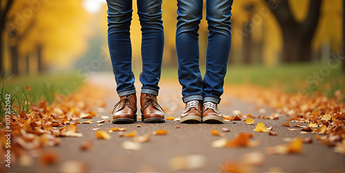 A couple walks comfortably along a hiking trail on an autumn day and enjoys the fall and the colorful leaves