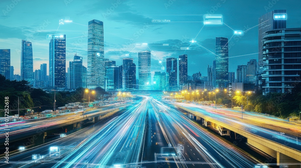 A futuristic smart city with buildings connected by high-tech transportation and energy systems. A futuristic smart city with buildings connected by high-tech transportation and energy systems.
