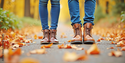 A couple walks comfortably along a hiking trail on an autumn day and enjoys the fall and the colorful leaves